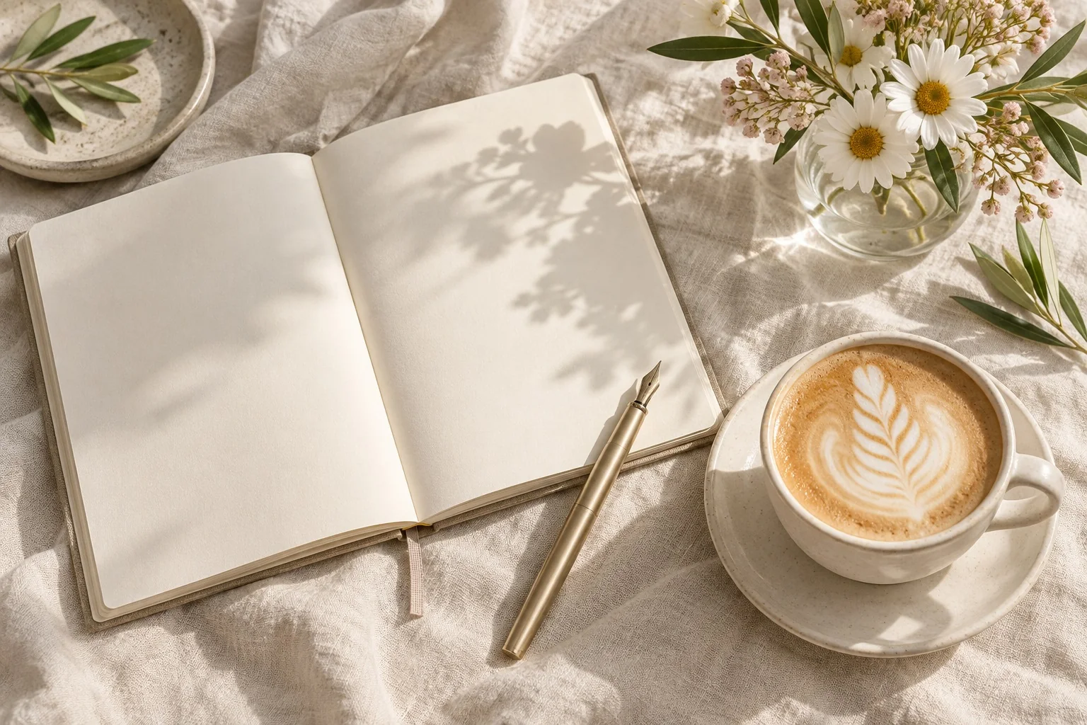 やわらかな朝の光の中、ノートとコーヒーで自分を整える時間