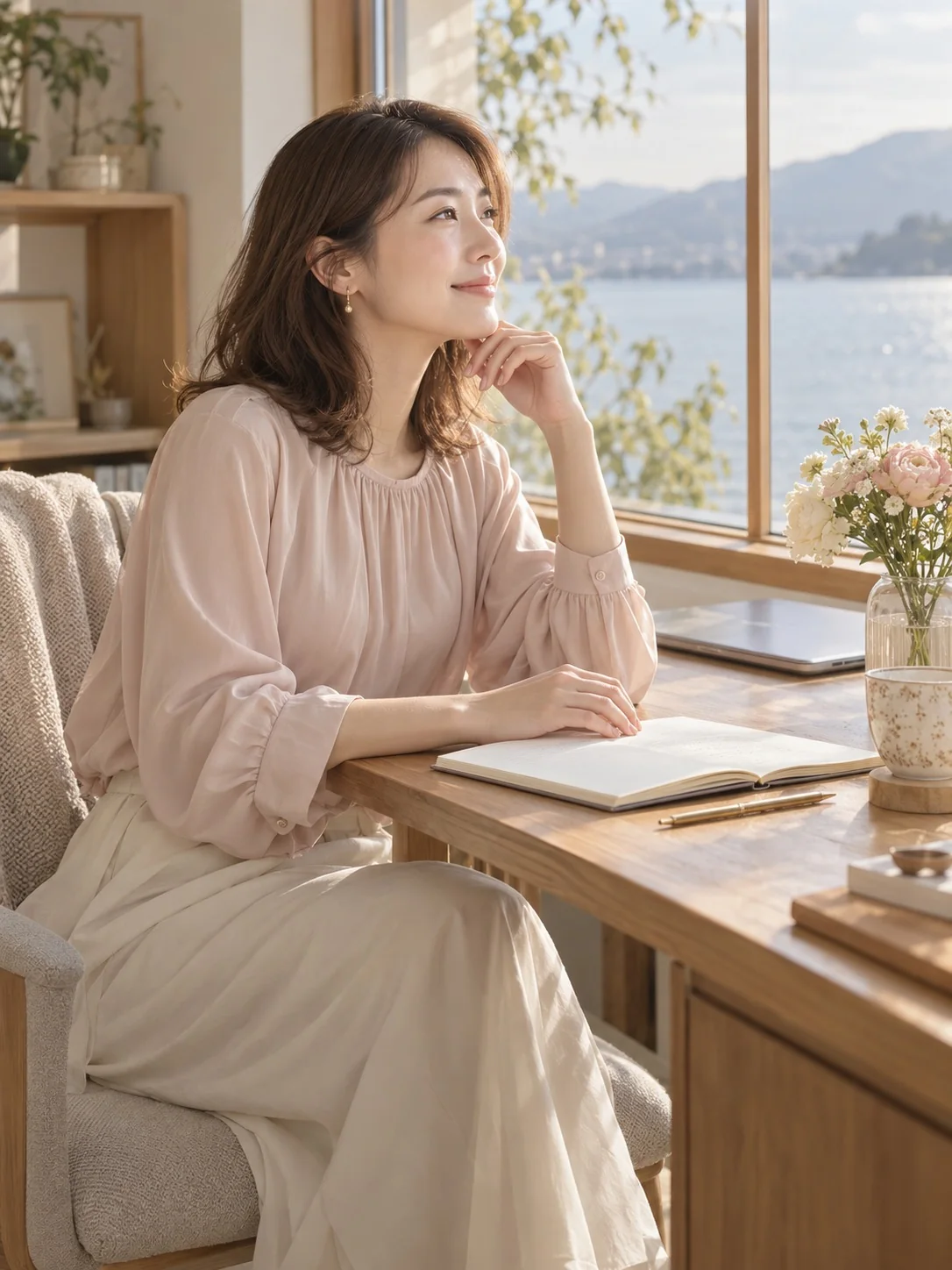 未来の暮らしのイメージ例:淡いピンクの服で、湖畔の窓辺のデスクに座る女性